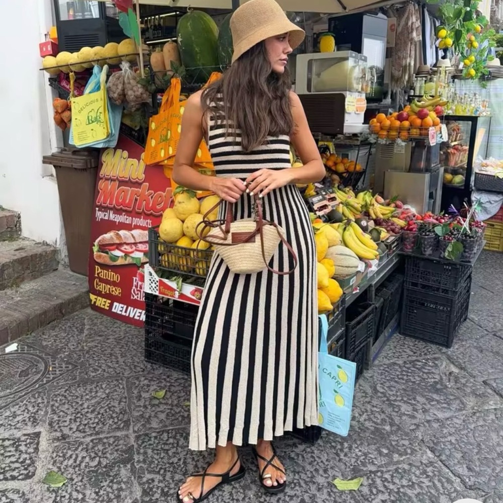 ZARA Sleeveless Striped Midi Dress Black Off-White Size S